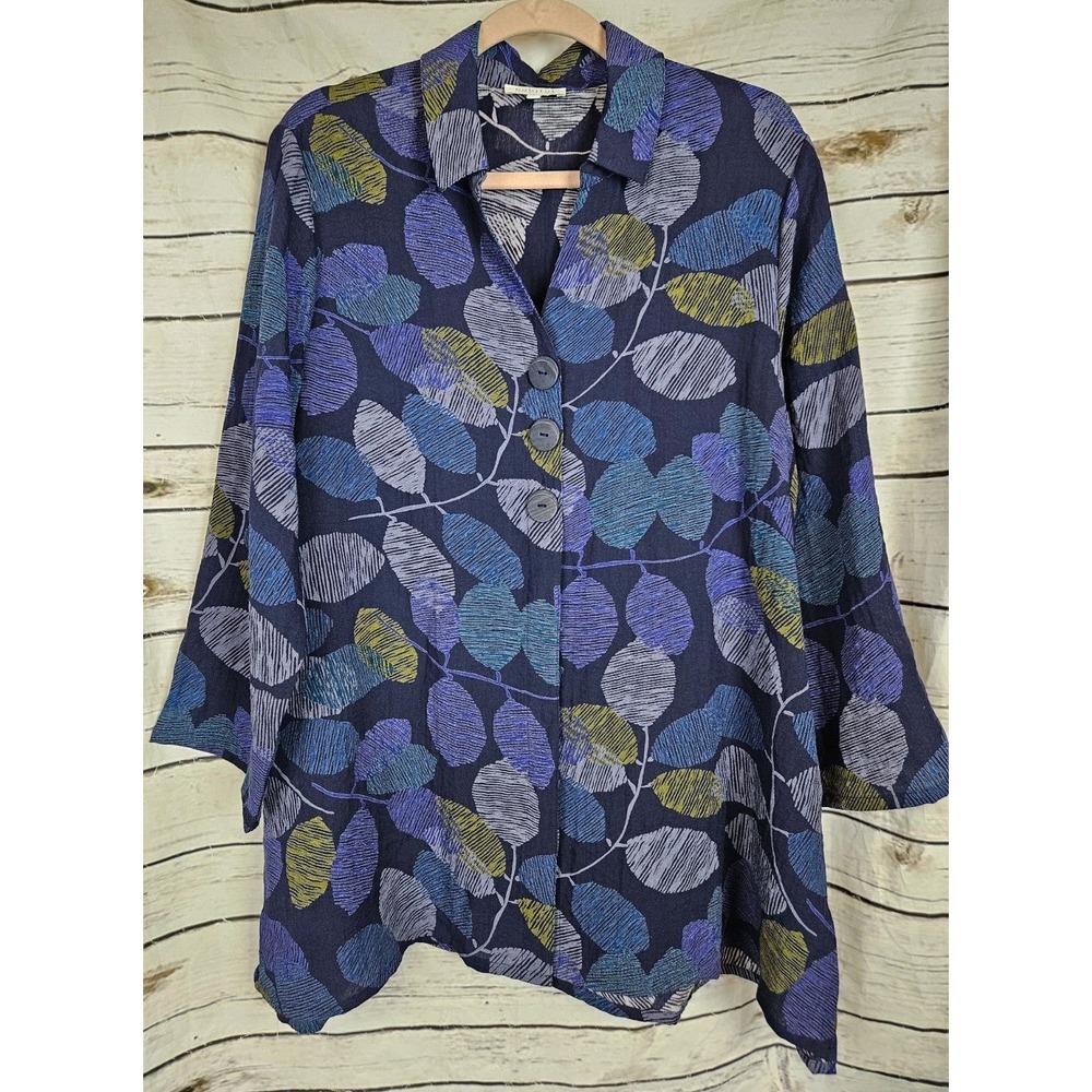 Habitat Blue Purple Floral Tunic Top L Swing Button Up Rayon Blend